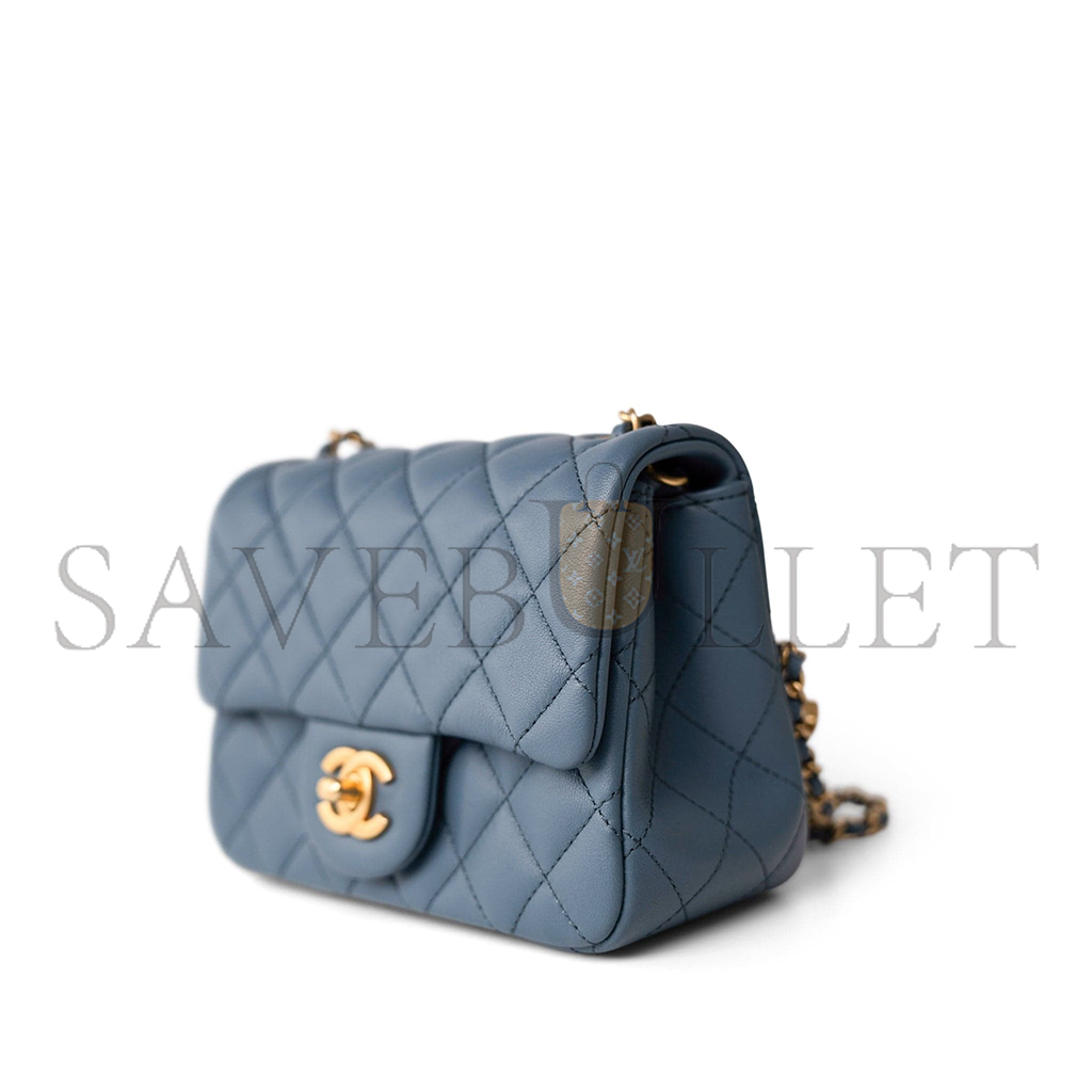 Ch*el master gold ball flap bag cf fatty fang denim blue as1786 (18*13*7cm)